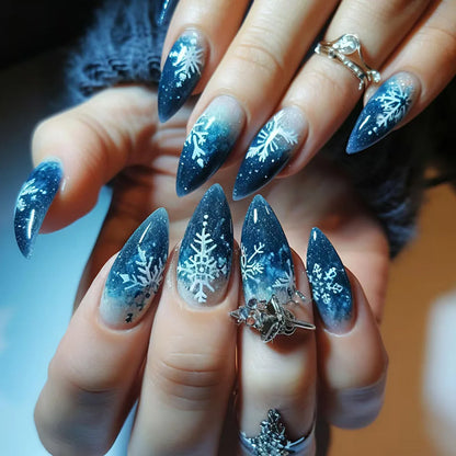 Medium Long Christmas Fake Nails – Square & Almond Tips with Tree, Snowflake & Snowman Designs