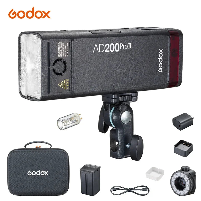 Godox AD200 Pro II Flash – 200Ws, 1/8000 HSS, 2980mAh Battery, 2.4G Wireless X System, Bi-Color Modeling Lamp Speedlight Flash