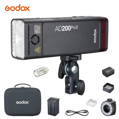 Godox AD200 Pro II Flash – 200Ws, 1/8000 HSS, 2980mAh Battery, 2.4G Wireless X System, Bi-Color Modeling Lamp Speedlight Flash
