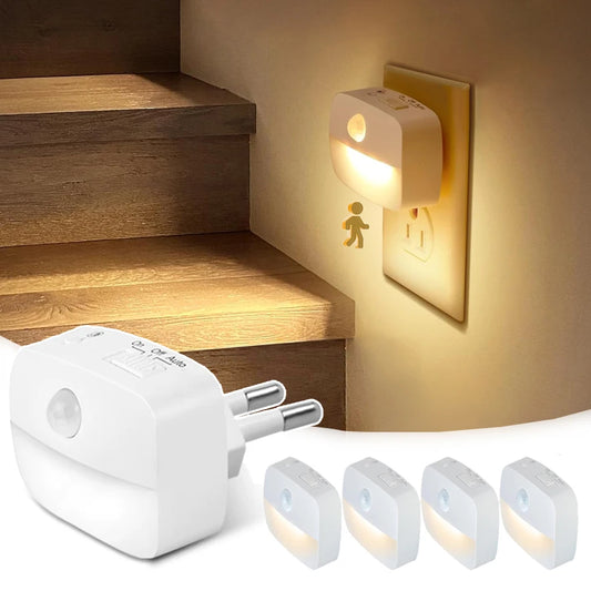 Motion Sensor LED Night Light – PIR Human Induction Lamp with EU/US Plug, Ideal for Bedroom, Hallway & Stairs Lighting