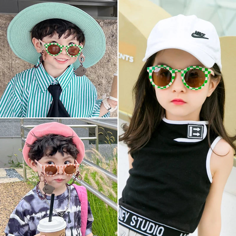2023 Kids Checker Panel Round Sunglasses – Cute UV400 Sun Protection for Baby Girls & Children Outdoor Wear