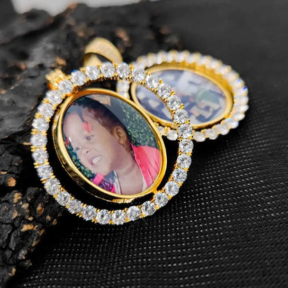 Customized Double-Side Photo Necklace – Personalized Picture Pendant with Cubic Zirconia, Hip Hop Jewelry Gift for Men & Women