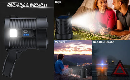 Rechargeable 900,000 Lumens LED Spotlight – Super Bright Handheld Outdoor Flashlight & Solar Searchlight