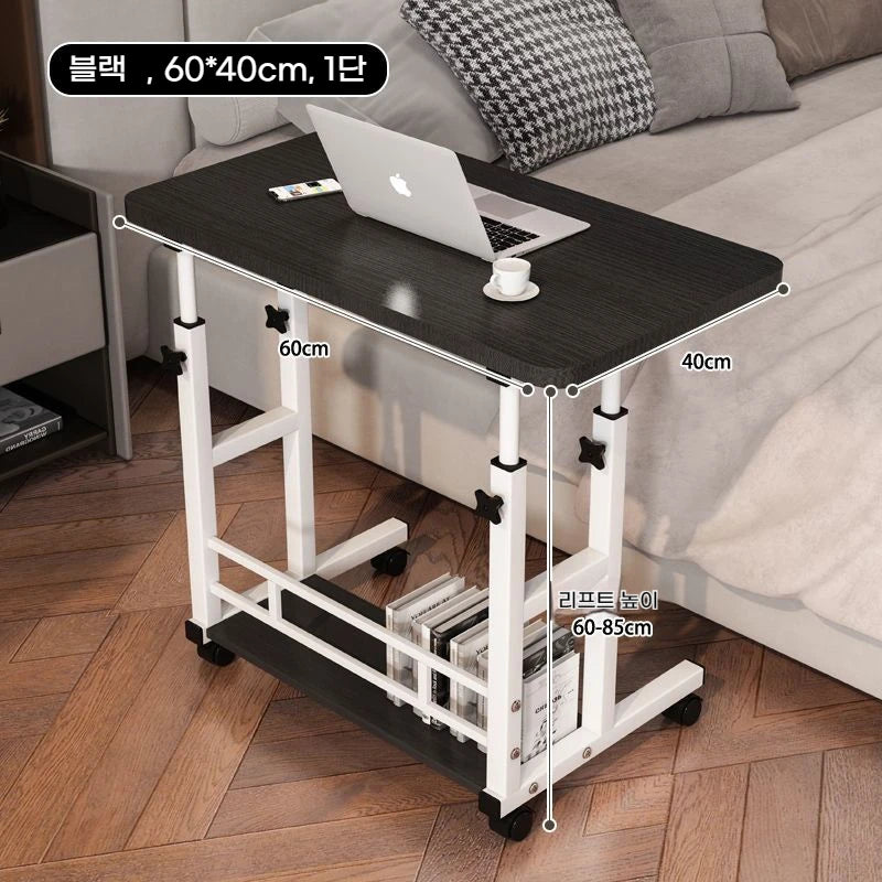 Double-Layer Movable Desk – Bedside Laptop Table with Storage Shelf, White Lift Office & Bedroom Desk