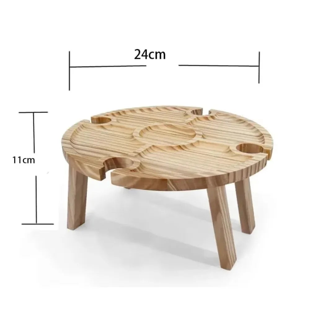 Wooden Folding Picnic Table – Round Foldable Desk with Wine Glass Rack, Portable Snack Table for Outdoor Camp