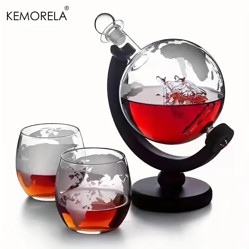 900ML Globe Whiskey Decanter Set – Lead-Free Carafe with Wood Stand & 2 Glasses