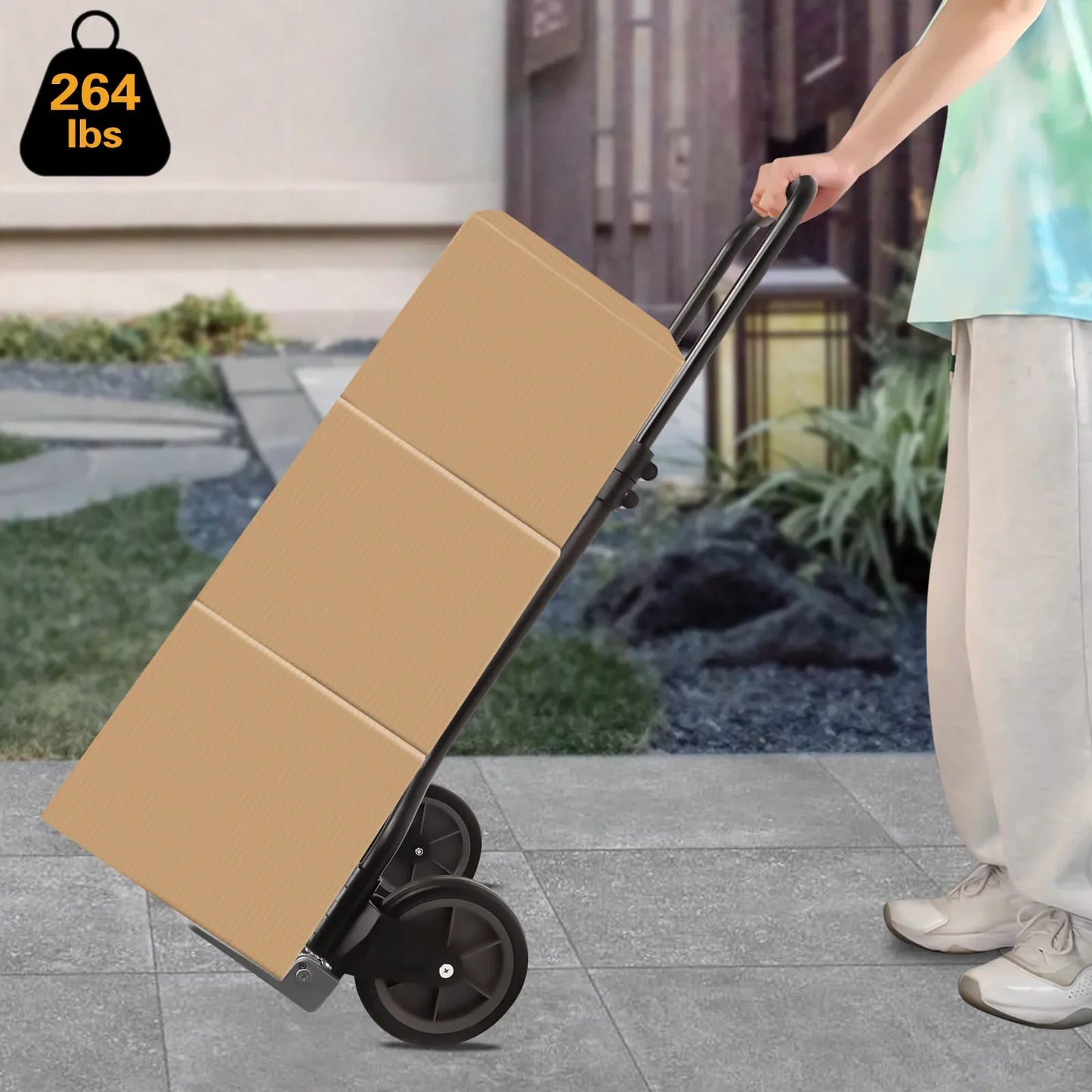 Folding Hand Truck & Dolly — Adjustable Height Aluminum Portable Cart with Anti-Slip Wheels, 264lb Capacity