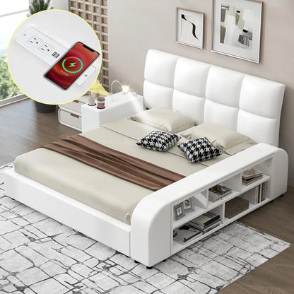Queen Size Smart Upholstered Bed Frame – White Faux Leather Platform with Storage Shelves, Headboard & Multimedia Nightstand