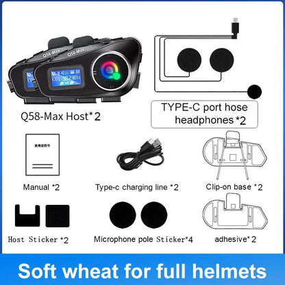 Q58 Max Motorcycle Helmet Bluetooth Intercom – IP65 Waterproof, 500M Range, Multi-Scene Music Sharing