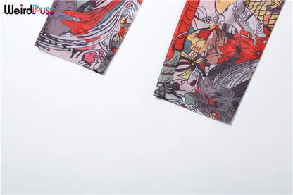 Weird Puss See-Through Jumpsuit for Women - Backless Dragon Print Short Sleeve Fitness & Workout Slim Stretch Clubwear