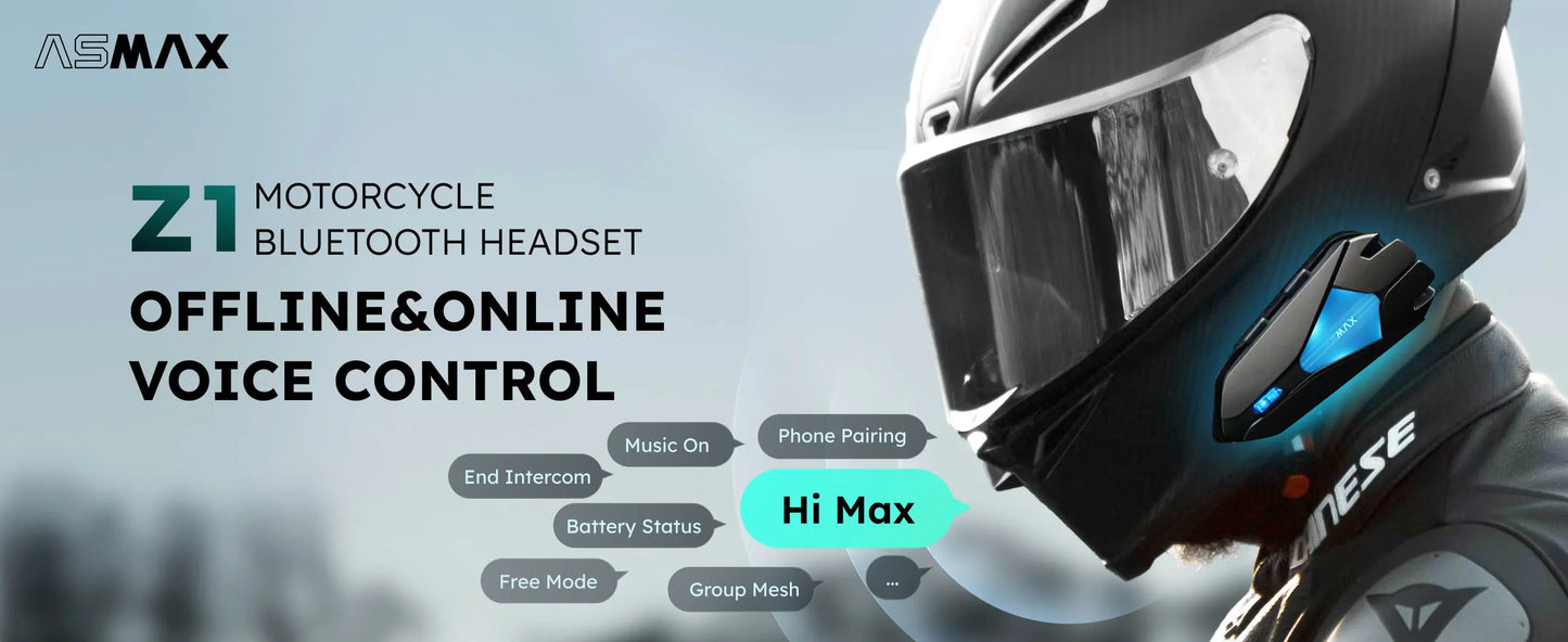 ASMAX Z1 Motorcycle Bluetooth Intercom — IP67 Waterproof Helmet Headset with 2 Chips, 8-Core, HiFi Speakers, ENC & 42-Min Fast Charging