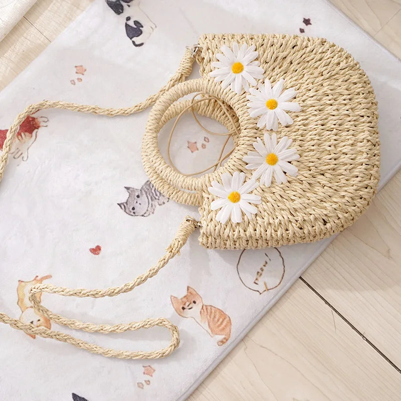 Hand-Woven Straw Beach Bag – Women’s Handmade Moon Basket Crossbody Bohemian Summer Tote