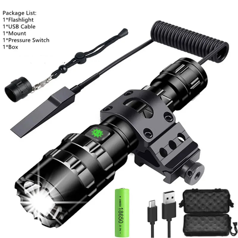 LED Tactical Hunting Flashlight - USB Rechargeable, Waterproof Torch Lamp, Professional Shooting & Night Scout Lights Set