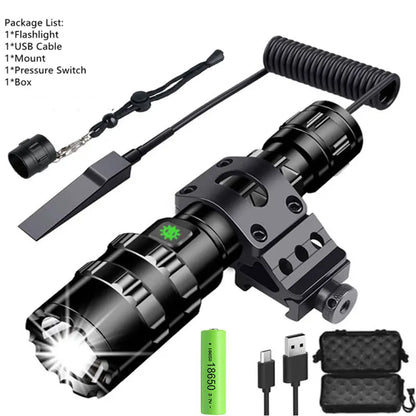 LED Tactical Hunting Flashlight - USB Rechargeable, Waterproof Torch Lamp, Professional Shooting & Night Scout Lights Set