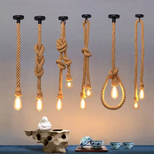 Creative Country Edison Bulb Chandelier - Vintage Hemp Rope Pendant Lamp - Rope Lamp Decoration for Home