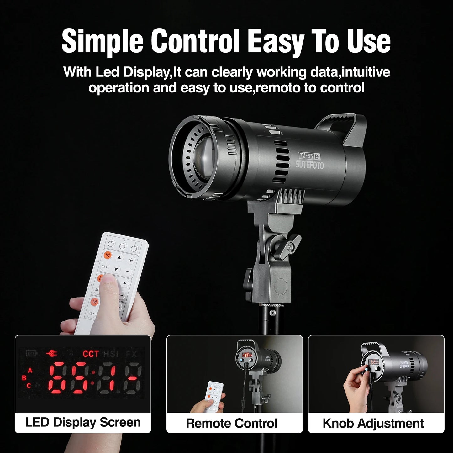 Sutefoto TJ55 Bi-Color LED Video Light - 55W COB Photographic Light, 3200K-5600K, Portable Fill Light for Video & Live Streaming