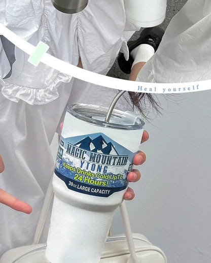 Magic Stainless Steel Thermos Cup with Straw – Vacuum Insulated Ice Coffee Travel Bottle for Car, Outdoor & Mountain Use