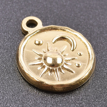 6pcs Real Gold-Plated Sun Charms - Stainless Steel Jewelry Making Pendants, Heart, Moon & Sunshine Design