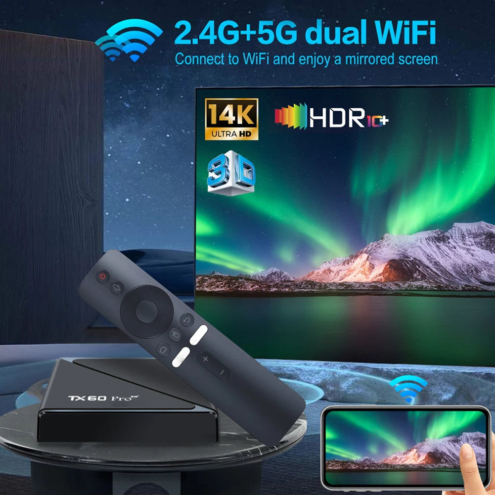 Android 16 Smart TV Box — Allwinner H313 Quad-Core, Dual WiFi 2.4G/5G, 14K Media Player with Voice Remote (16G/256G)