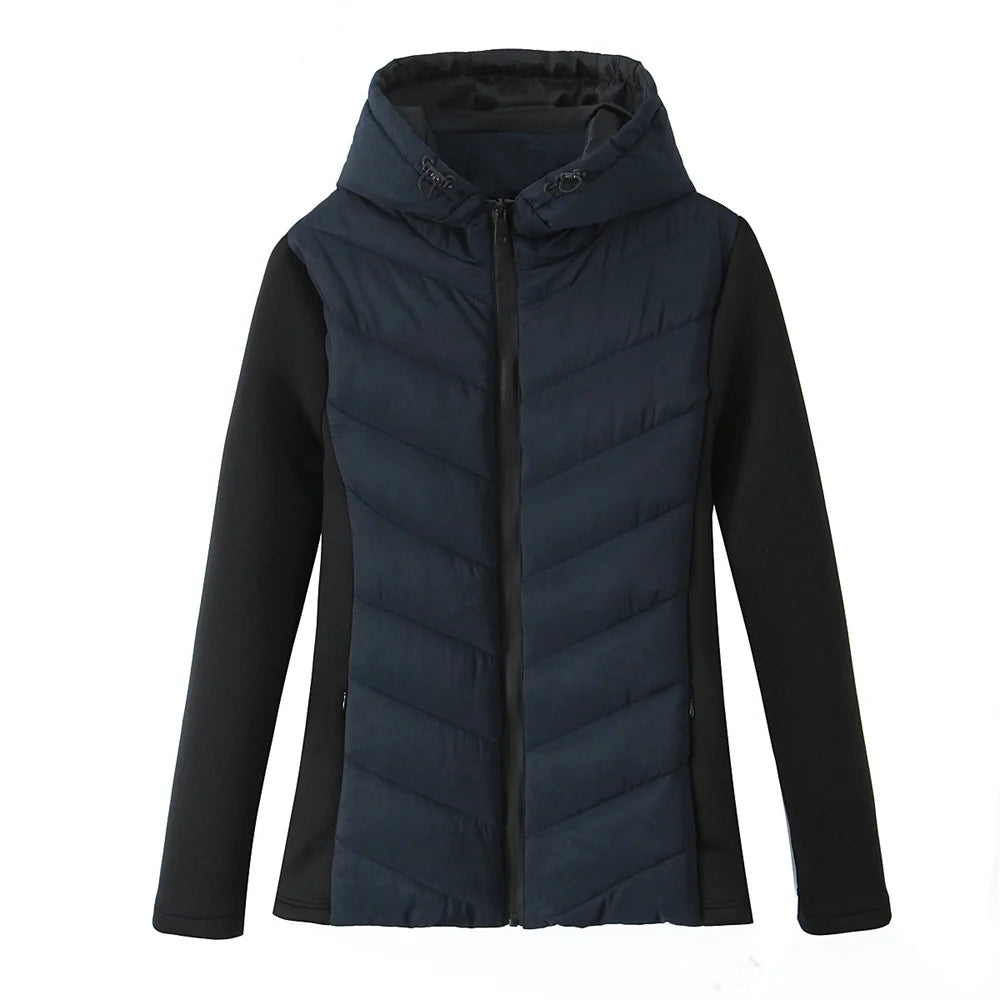 Taop&Za Women's Autumn Cotton Jacket – Fashionable Casual Long Sleeve Stand Collar Hooded Patchwork Coat