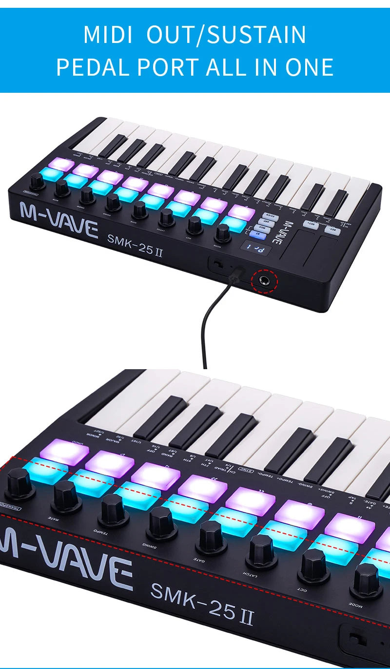 M-VAVE SMK-Ⅱ 25-Key MIDI Keyboard Controller – Bluetooth, 16 RGB Drum Pads, Semi-Weighted Dynamic Keybed