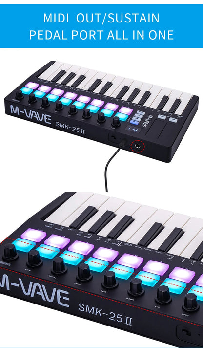 M-VAVE SMK-Ⅱ 25-Key MIDI Keyboard Controller – Bluetooth, 16 RGB Drum Pads, Semi-Weighted Dynamic Keybed