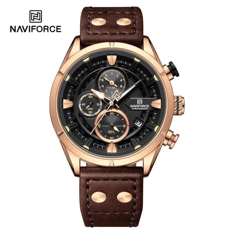NAVIFORCE Men's Casual Watch – Luxury Waterproof Chronograph Quartz Wristwatch with Genuine Leather Strap