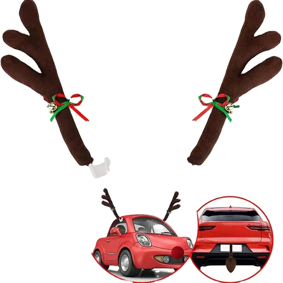 Christmas Car Decoration Kit – Deer Antlers with Red Nose & Tail Holiday Pendant Accessories