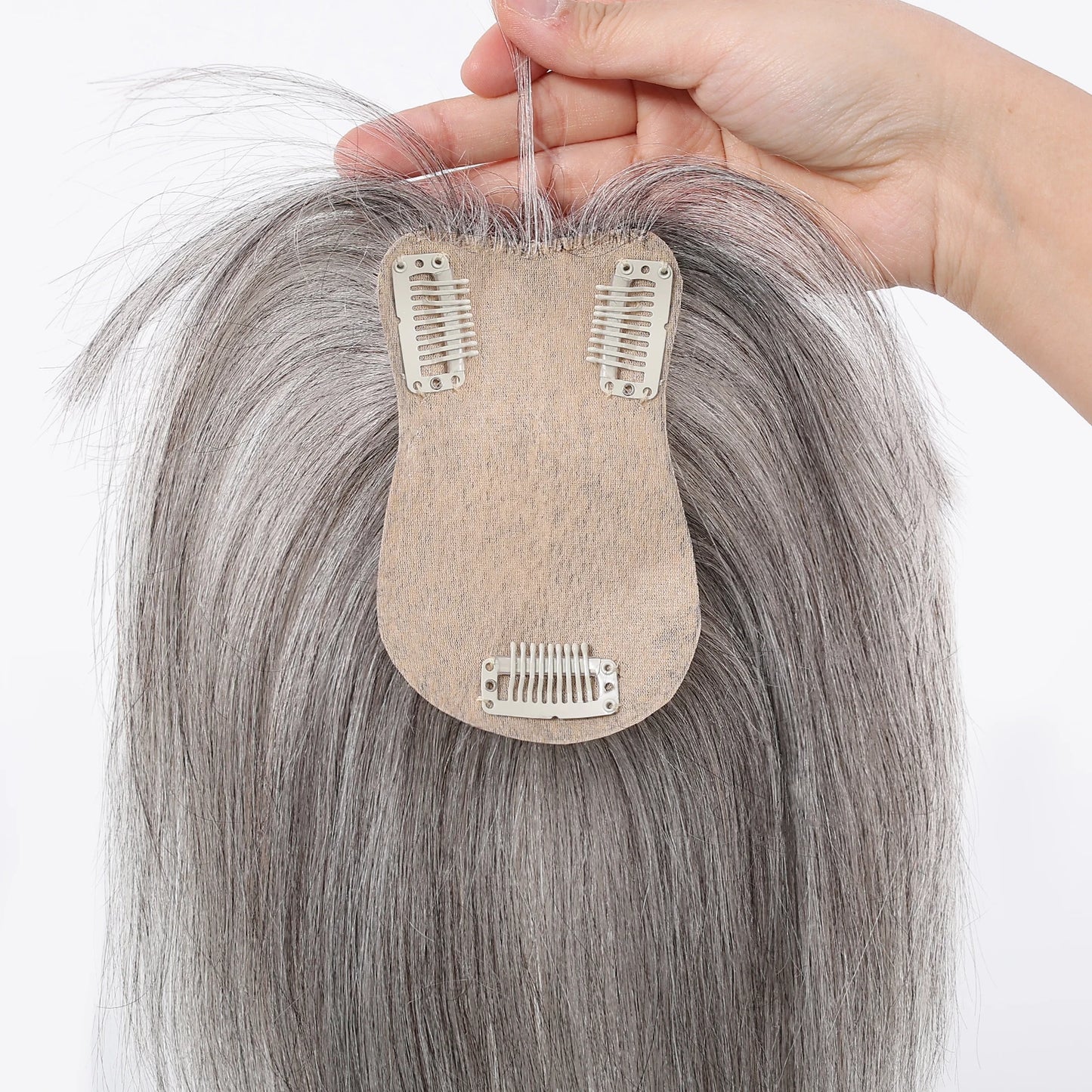 Light Grey Human Hair Topper with Thick Bangs – Clip-In 360° Coverage Hair Extensions for Women