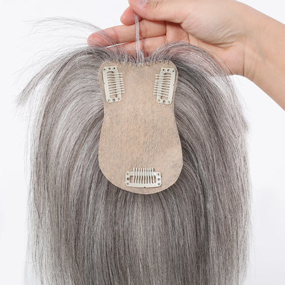 Light Grey Human Hair Topper with Thick Bangs – Clip-In 360° Coverage Hair Extensions for Women
