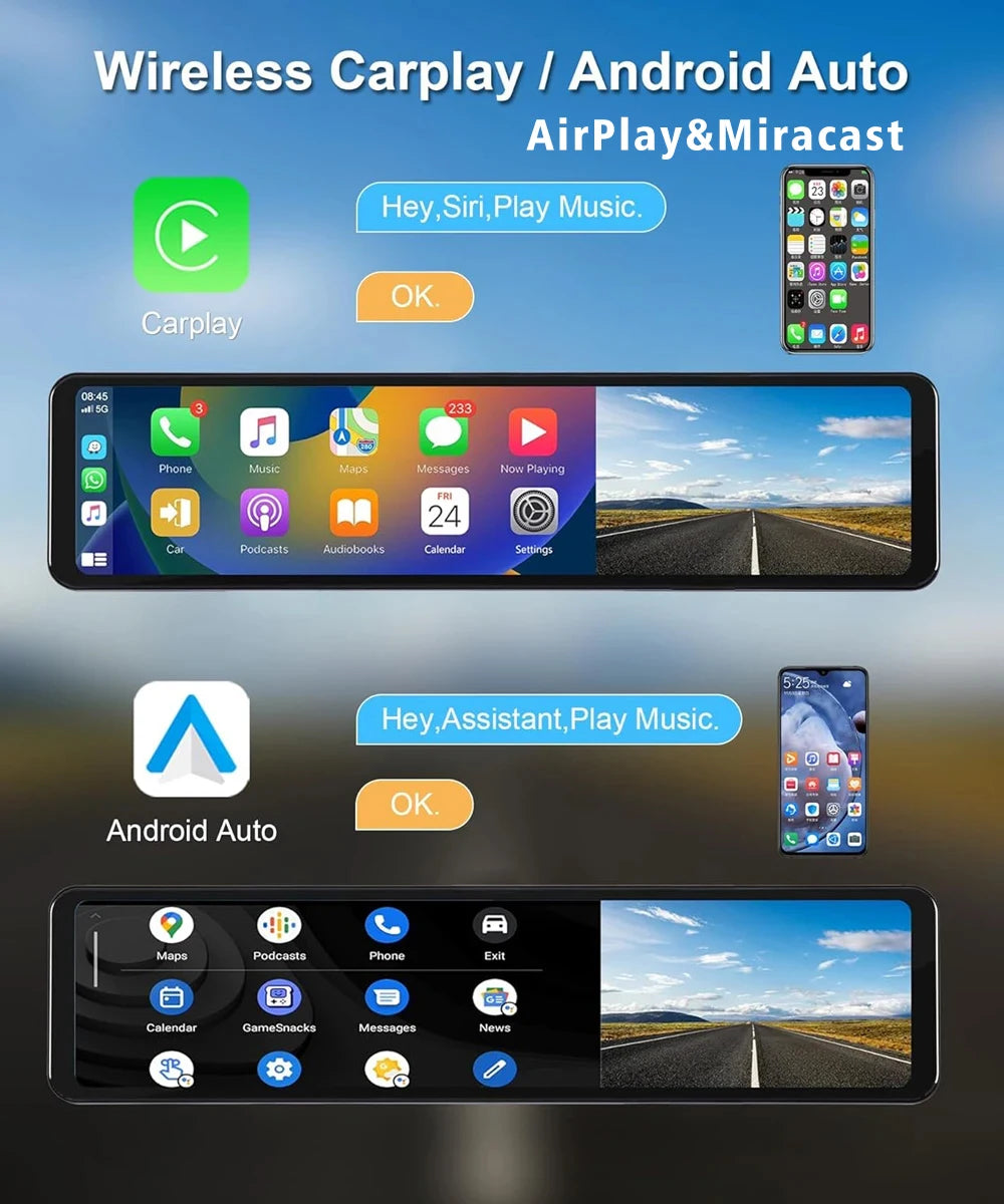 11.26" 4K 2160P Car DVR Dash Cam – CarPlay, Android Auto, GPS, WiFi, Bluetooth, FM, Rear View Mirror Camera & Drive Recorder