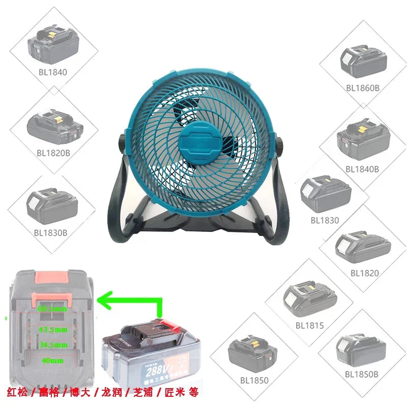 12-Inch Portable Camping Fan – AC/DC Dual-Use Table & Desktop Fan Compatible with Makita 18V, Lomvum, Zhipu, Hongsong, Jingmi Li-ion Batteries