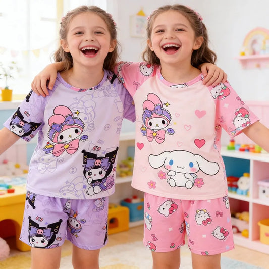Girls’ Summer Pajama Set – Hello Kitty & Kuromi Tops with Shorts, Sleepwear for Ages 3-12