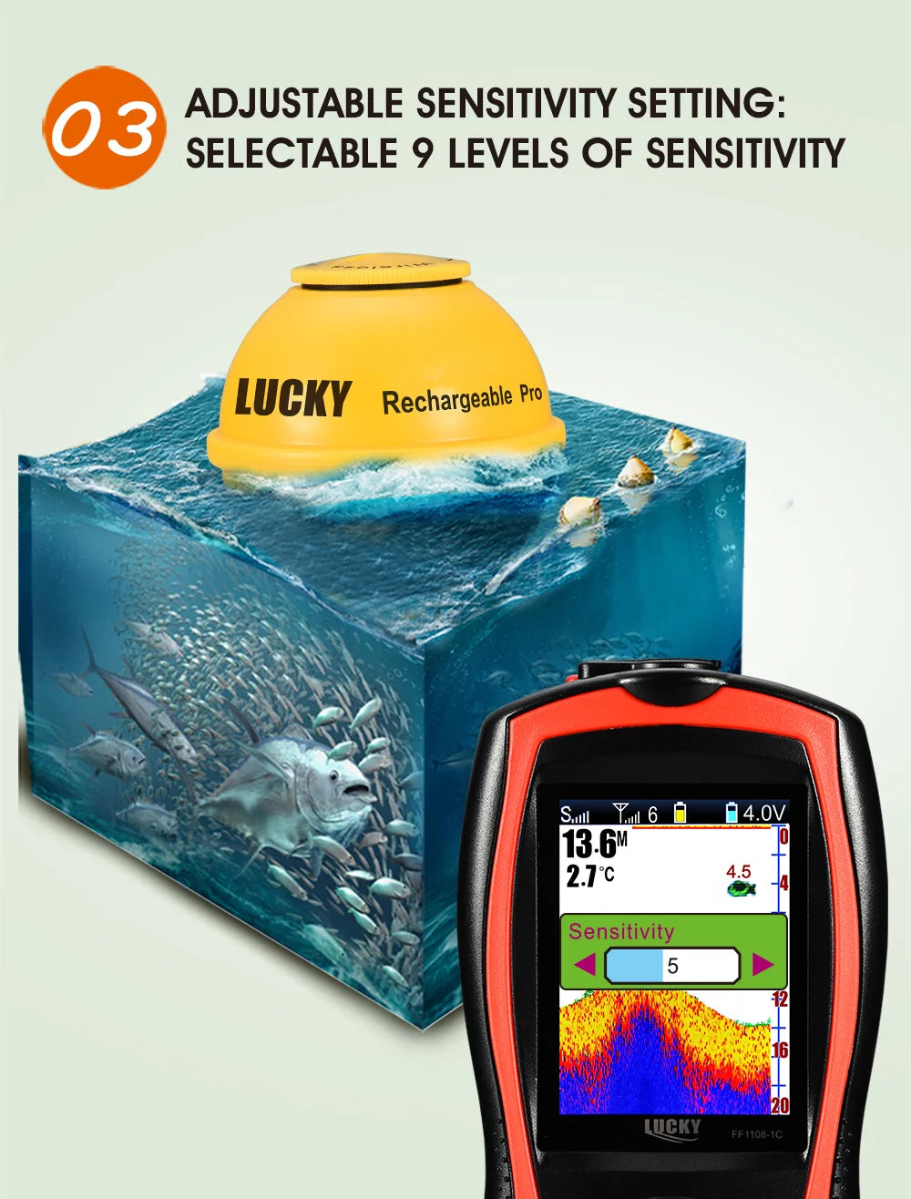 Lucky Sonar Fish Finder FF1108-1CWLA – Rechargeable Wireless Sensor, 45M Depth Echo Sounder for Portable Fishing