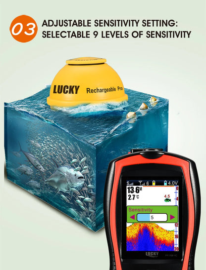 Lucky Sonar Fish Finder FF1108-1CWLA – Rechargeable Wireless Sensor, 45M Depth Echo Sounder for Portable Fishing