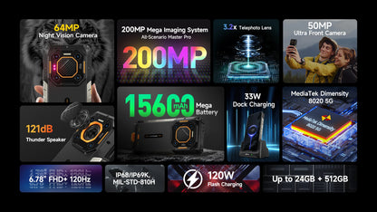 Ulefone Armor 26 Ultra 5G Rugged Waterproof Smartphone - 120W Fast Charging, 15600mAh, 200MP+64MP, 24GB+512GB, NFC