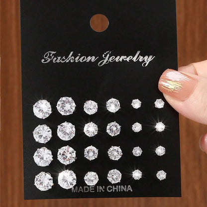 12 Pairs Luxury Zirconia Earrings – Elegant Shiny Stud Set for Parties, Gifts, and Couples