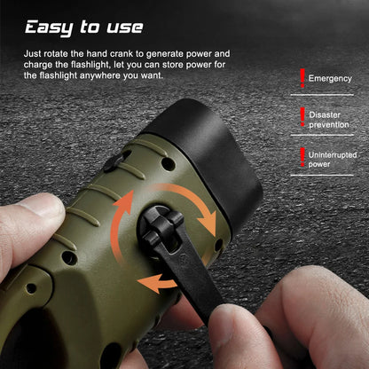 LED Flashlight Hand Crank Solar Powered Rechargeable - Survival Gear Self Powered Charging Torch Dynamo for Fishing, Boating, Hiking