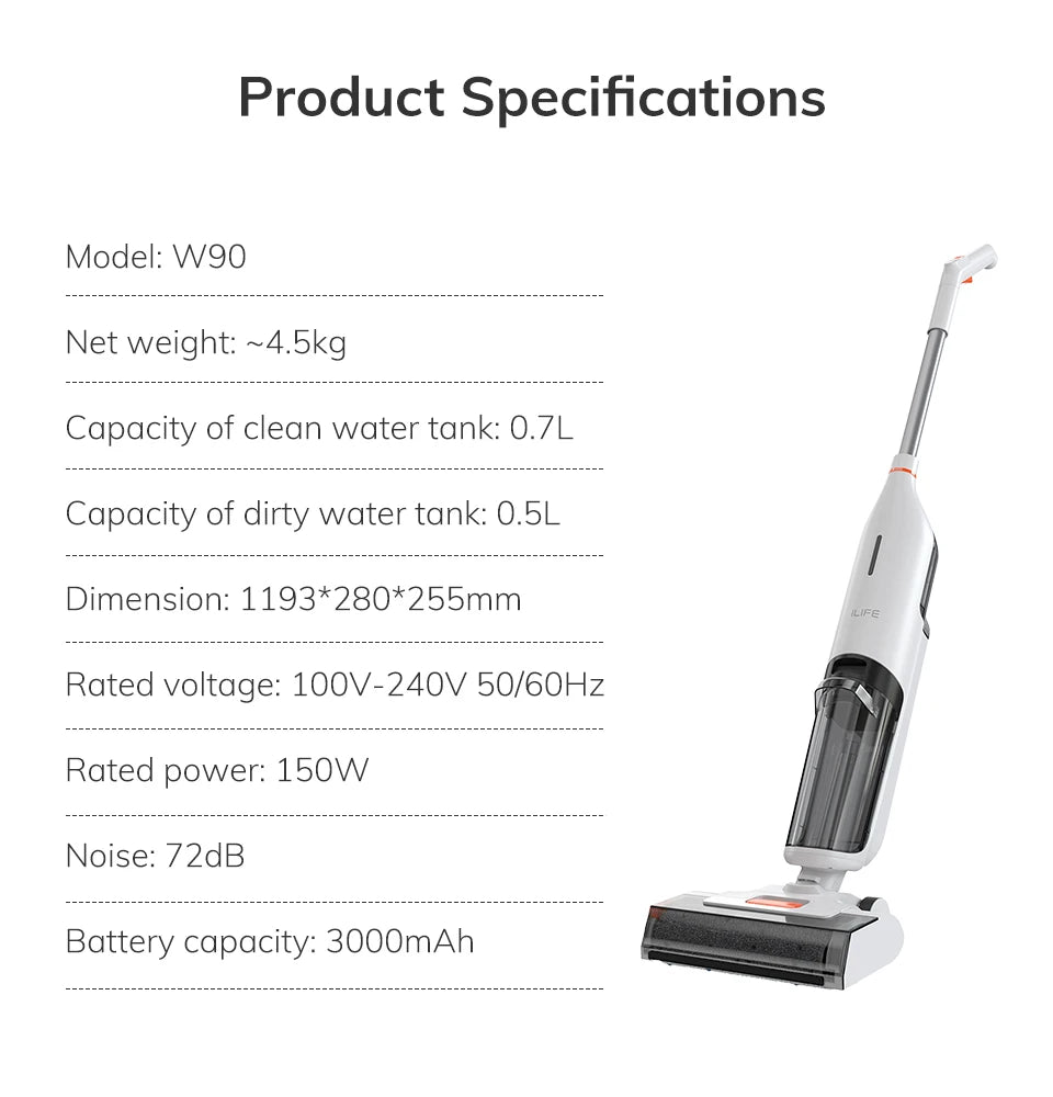 ILIFE W90 Cordless Wet Dry Smart Mop – 5500Pa Suction, Self-Cleaning in 1 Minute, Large Dual Water Tank