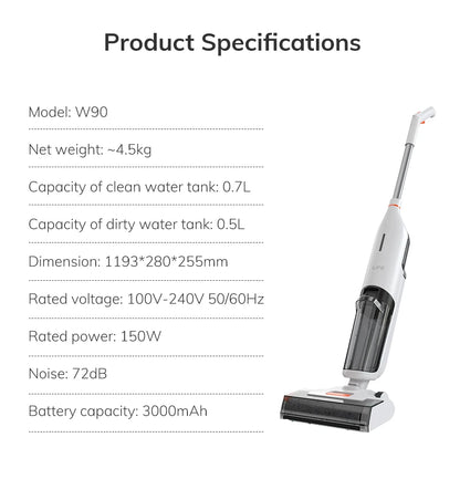 ILIFE W90 Cordless Wet Dry Smart Mop – 5500Pa Suction, Self-Cleaning in 1 Minute, Large Dual Water Tank