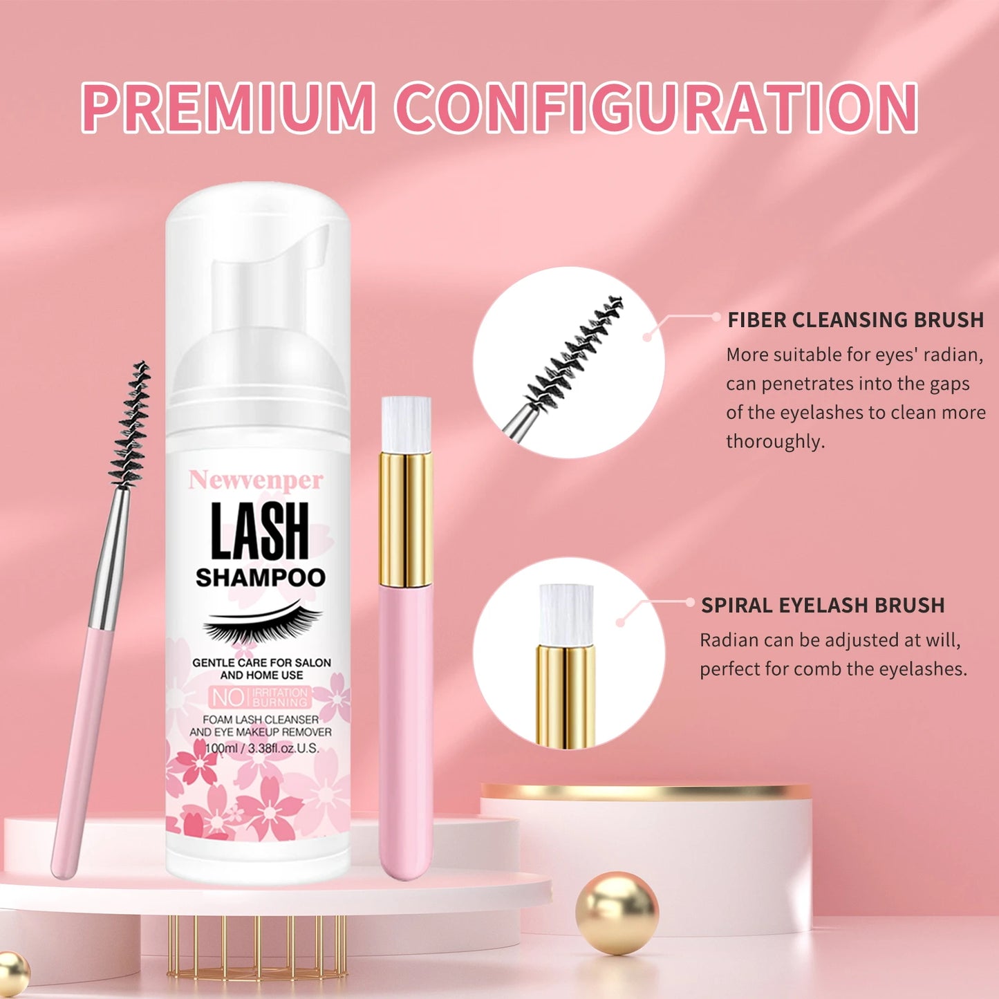 100ML Eyelash Lash Shampoo with Brush & Mascara Wand – Foaming Eyelid Cleanser for Extensions & Makeup Removal