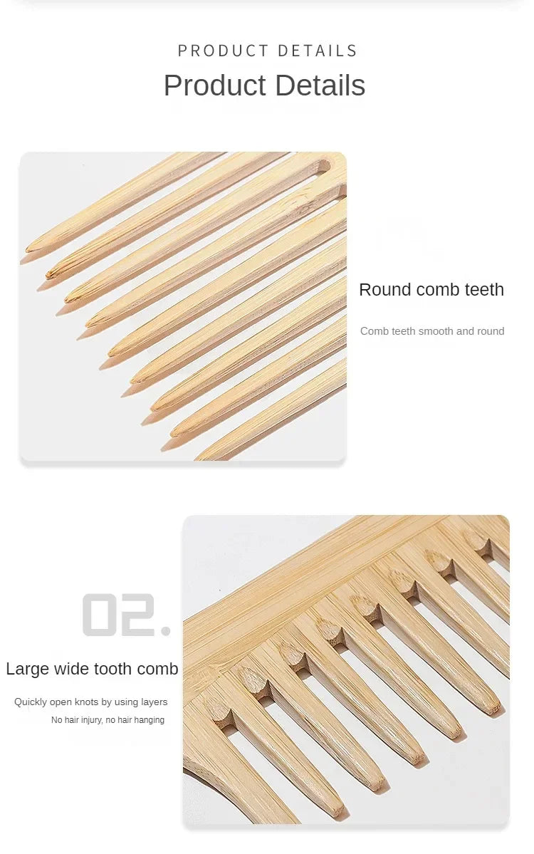 Natural Bamboo Wooden Hair Comb – Anti-Static Afro Fork, Wide Tooth Round Comb & Hair Brush for Women