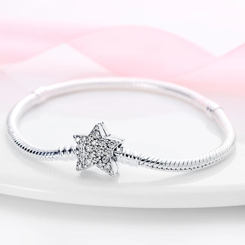 New 925 Sterling Silver Snake Chain Charm Bracelet – Fits Original 925 Pendant Charms & Beads, Heart Bracelet Jewelry for Women