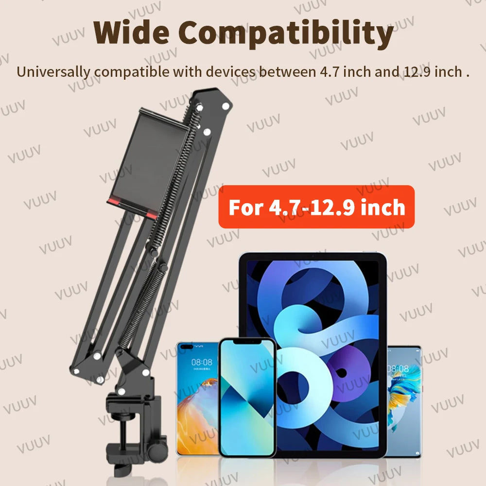 Adjustable Bed Tablet Stand: Aluminum Arm Mount for 4-12.9 inch Tablets & Phones | Support for iPad Mini, Bed or Desk Use