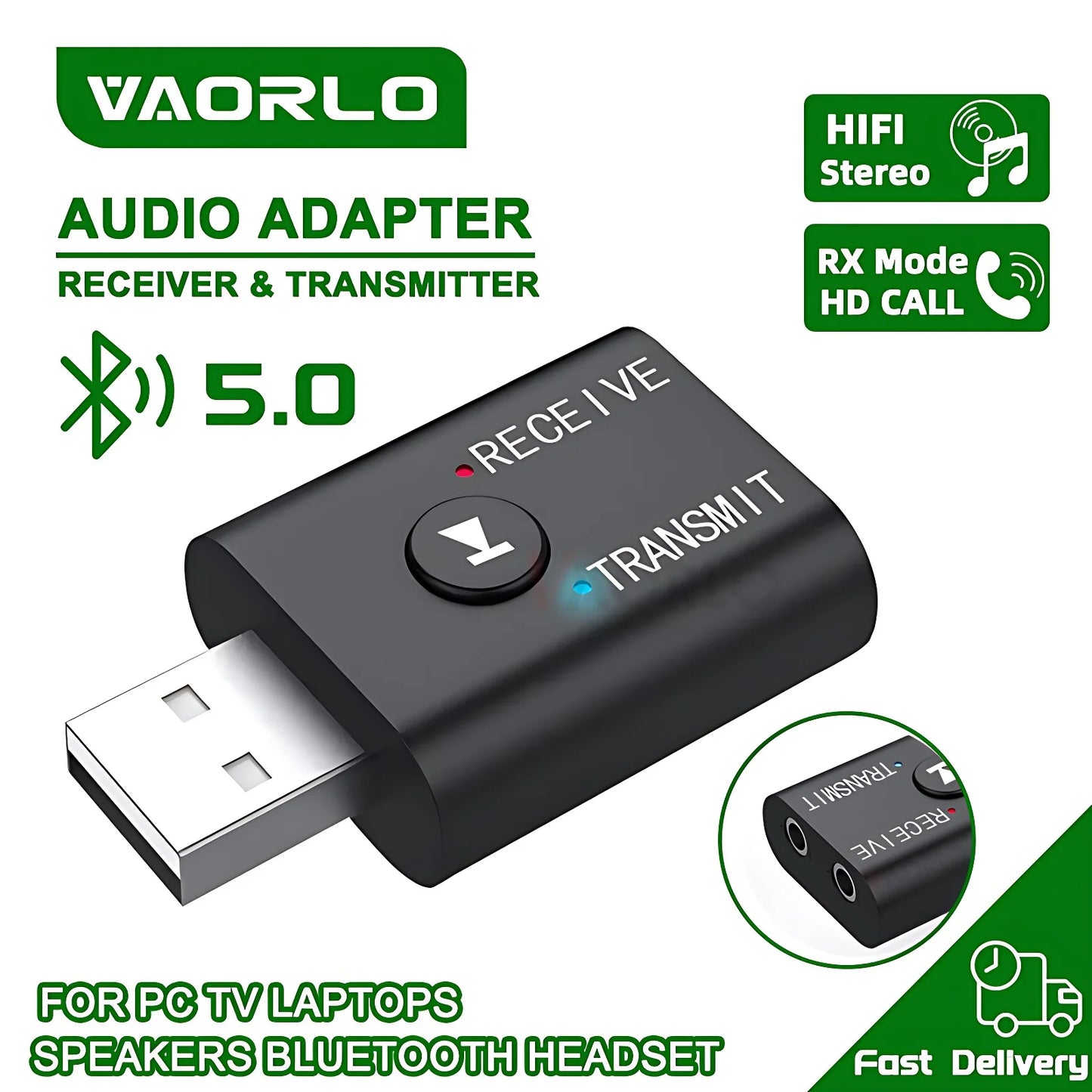 Bluetooth 5.0 Audio Transmitter Receiver – 3.5mm AUX, RCA, USB Stereo Wireless Adapter for TV, Car, Speaker & Headphones