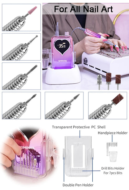 SIMINAIL Professional Nail Drill Machine – 35000RPM Portable Electric Nail File with Rechargeable E-File Bit Kit
