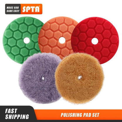 SPTA 5Pcs Car Sponge Wool Polishing Pads Set – 3", 5", 6" for DA/RO/GA Buffer Polisher, Buffing & Waxing