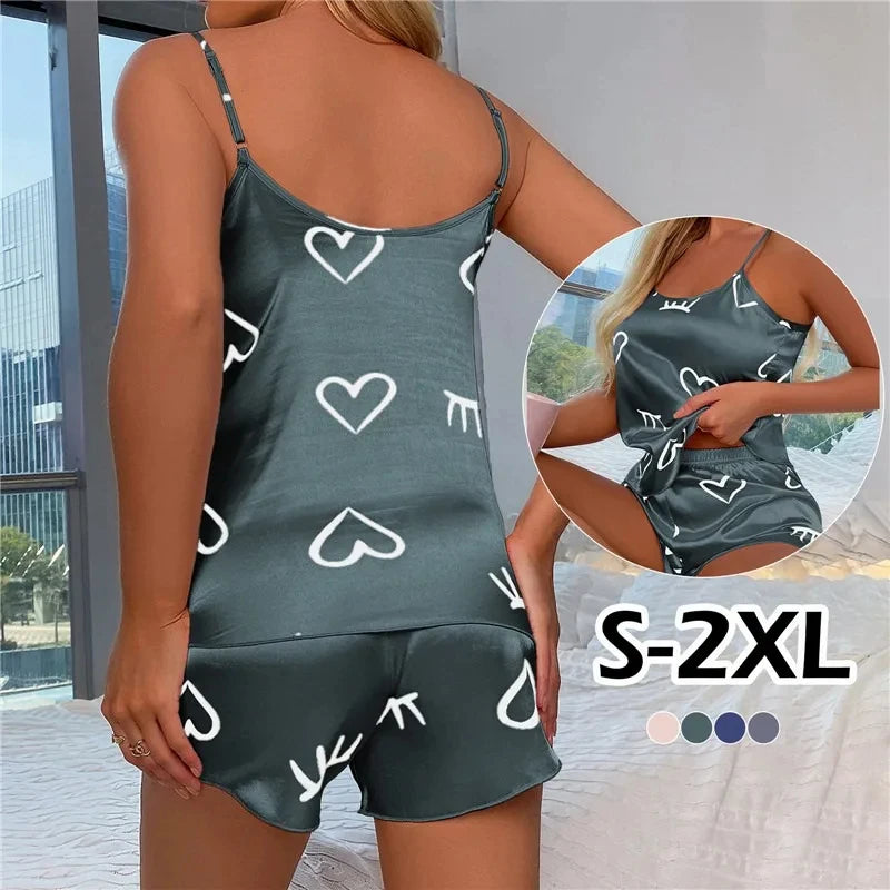 Women’s Ice Silk Pajama Set – Low-Cut Camisole & Shorts Sleepwear in Gray or Pink, L–XXL, Summer Comfort