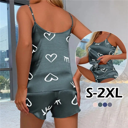 Women’s Ice Silk Pajama Set – Low-Cut Camisole & Shorts Sleepwear in Gray or Pink, L–XXL, Summer Comfort