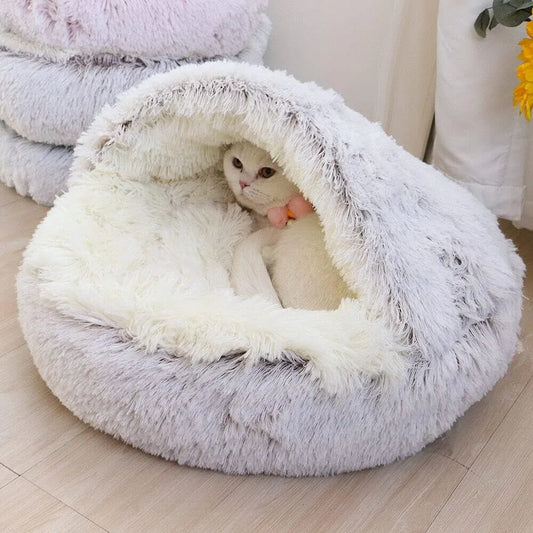 Round Soft Plush Pet Bed with Cover - 2-in-1 Cat and Dog Sleeping Nest Cave, Warm Pet Mattress for Small Dogs